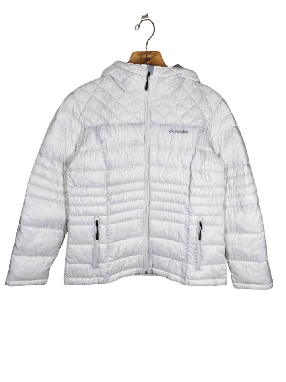 Columbia White Quilted Puffer Hooded Jacket Coat Sz XL Outdoor Lightweight Ski